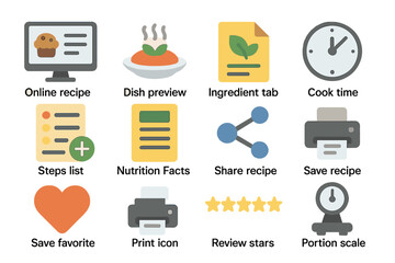 Digital cooking icons: recipe, ingredients, nutrition, sharing, printing, saving, rating, timing