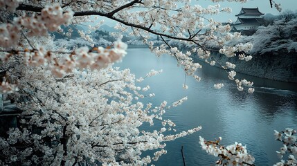 A wide shot of Osaka Castle surrounded by cherry blossoms during spring