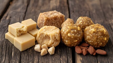 Delicious Gourmet Assorted Candies and Sweets on Wooden Background