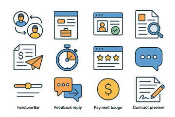 Business and communication icons: user profiles, feedback, stopwatch, chat, payment, contracts