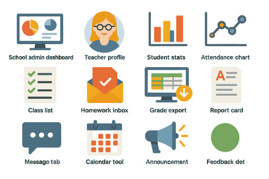 Education management icons: dashboard, teacher, stats, attendance, homework, grades