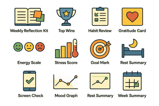 Productivity tools and mood tracking icons for personal development