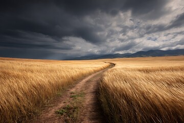 Fototapeta premium Dirt Path Through Golden Wheat Field Under Dramatic Sky Landscape Photography