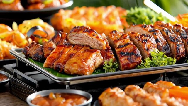 Juicy grilled meat platter with appetizing sides and sauces on rustic table setting