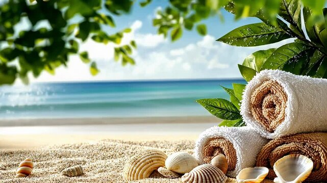 Serene beach scene with lush foliage and shells overlooking tranquil ocean waves