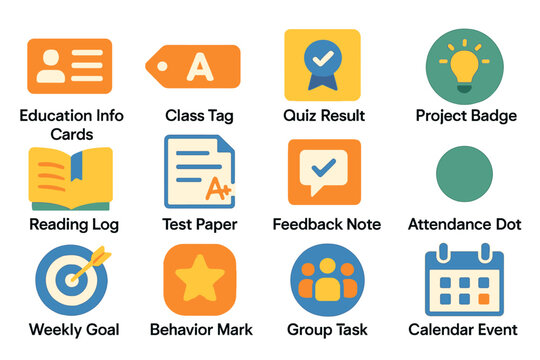 Colorful school activity icons for educational organization and tracking visual set