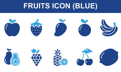 Fruits Icon Set Collection. Containing Apple, Strawberry, Mango, Orange, Banana, Avocado, Grape, Pineapple, cherry, Lemon. Simple Blue Vector Illustration.