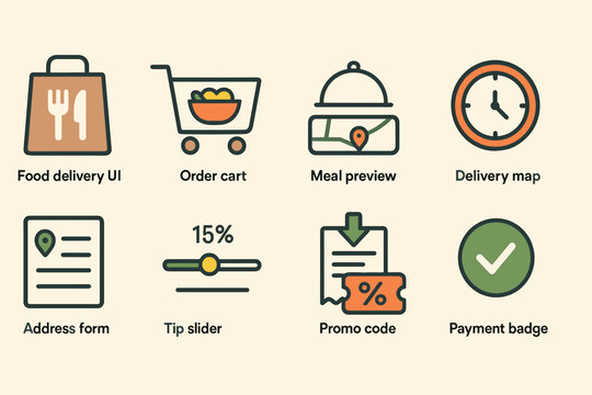 Food delivery app icons: cart, map, meal, checkout, coupons, timer, address, payment