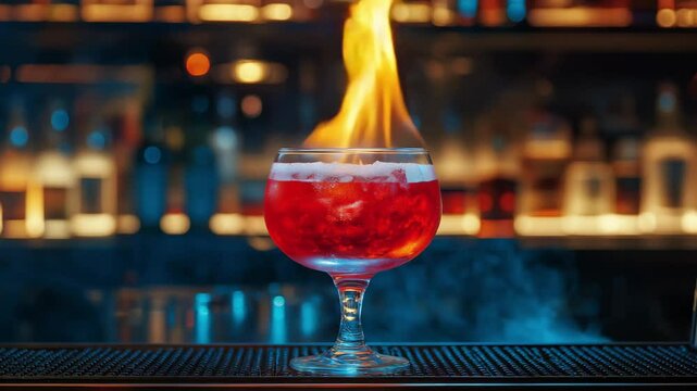 A bartender mixes a vibrant cocktail with a flaming garnish in an energetic bar environment at night