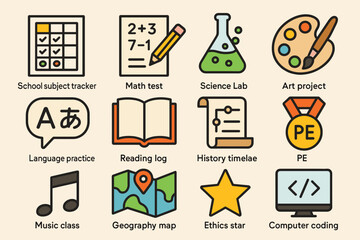 Educational icons set with school subjects and activities