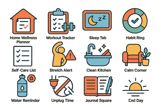 Home wellness icons for self-care and daily routine management