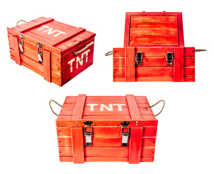 Isolated photo of wooden red colored tnt explosives box on white background.
