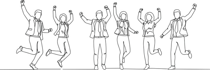 Business team jumping, teamwork success concept, celebrating employees, corporate victory, happy professionals, line drawing style, team joy illustration, 