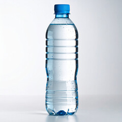 una botella de agua pura mineral de plastico reciclable fresca con gotitas, perfecta para hidratarse y calmar la sed del calor de verano, aislada sobre fondo blanco