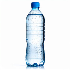 una botella de agua pura mineral de plastico reciclable fresca con gotitas, perfecta para hidratarse y calmar la sed del calor de verano, aislada sobre fondo blanco