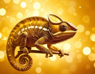 Golden chameleon perched on a branch against a bokeh background reptile