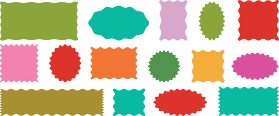 Zig zag Wavy Edge Rectangle, Vector Jagged Geometric Shapes. Scalloped edge seamless set, Oval, Circle Stickers Set. Abstract Elements for Frame, Stamp, Template, Promo Design, Web Design and Social