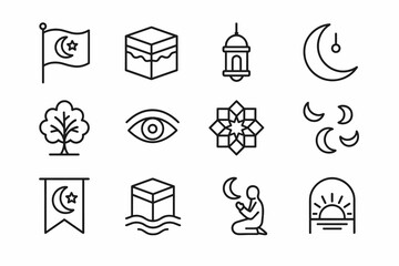 Islamic symbols set: mosque, crescent moon, kaaba, prayer and lantern icons
