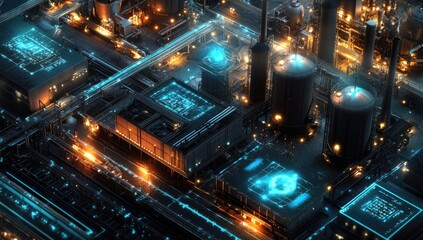 Industrial complex network, illuminated by glowing tech