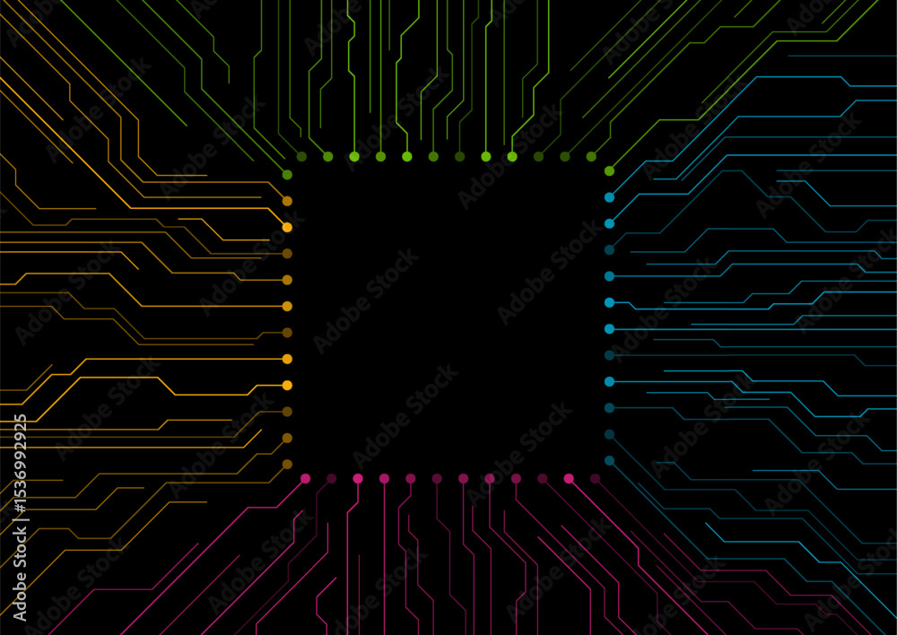 Poster Colorful circuit board lines abstract futuristic tech drawing on black background. Vector CPU chip digital art design