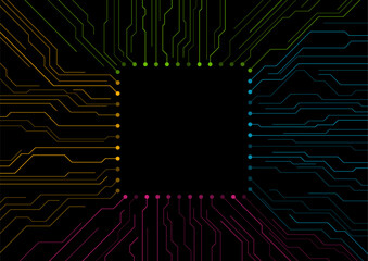 Colorful circuit board lines abstract futuristic tech drawing on black background. Vector CPU chip digital art design
