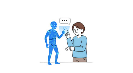 Obraz premium Simplified illustration of a kid interacting with a holographic AI assistant, white background