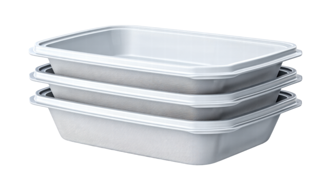 Disposable food containers isolated on transparent background with stack design