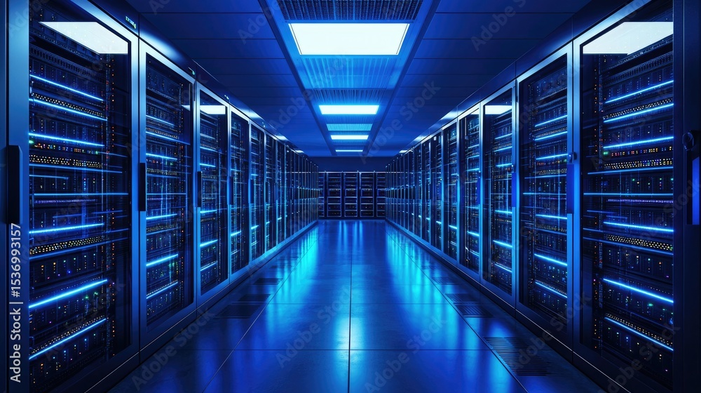 Poster Symmetrical corridor of a futuristic blue-lit data center with rows of powerful servers, perfect for cloud technology, enterprise storage, and IT infrastructure visuals