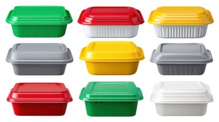 Plastic food container with colorful lids isolated on transparent background in neat arrangement