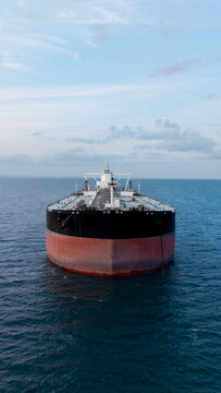 Aerial view of the front of a large crude oil tanker ship at sea