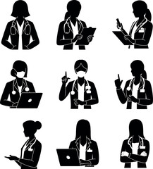 Female doctor icon silhouette on white background  