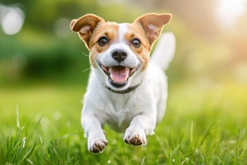 A joyful Jack Russell Terrier runs energetically across a green grassy field with sunlight softly glowing in the background.