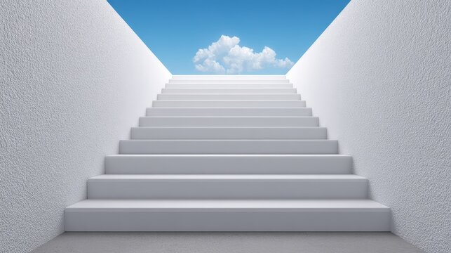 Innovative business office stairs leading to bright sky high-tech environment with financial analysis infographic