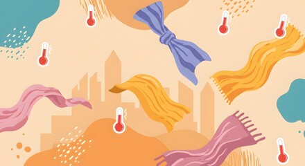 Fototapeta premium Urban Temperature Variations Illustrated with Fabric Waves and Thermometers