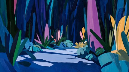 Abstract Night Forest Path, Vibrant Impasto Painting