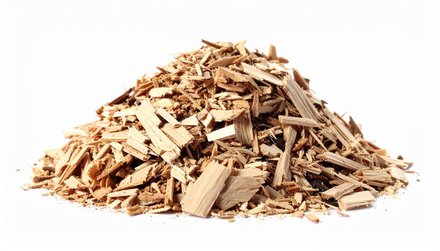 Pile of wood chips isolated on white backdrop. Natural material.