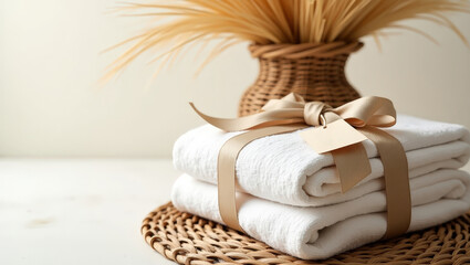 Stacked gray linen towels with natural ribbon, next to a wicker vase of dried wheat and gift tag on woven mat.