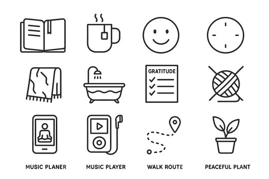 Line icons of books, mugs, smiley, targets, and relaxation elements