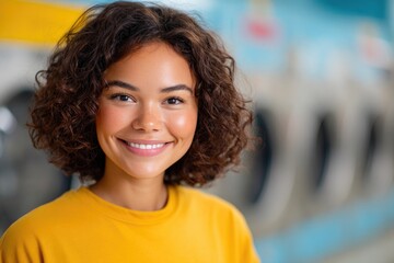 Fototapeta premium Girl in Yellow Shirt Smiling Indoors