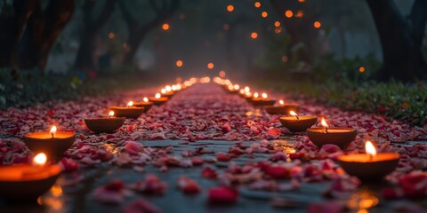 Earthen Lamps Illuminated on a Pathway Covered in Rose Petals for Celebration