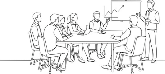 Corporate meeting line art, business discussion, office collaboration, strategy session, professional teamwork, financial presentation, project planning, upward graph 