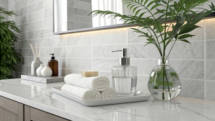 Fototapeta premium Modern Bathroom Decor with White Marble and Spa Accessories
