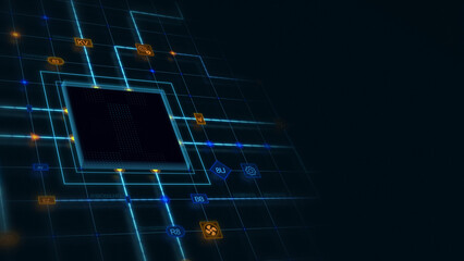 Black 3d empty chip in a square with glowing circuit, line connections and blue grid at the left of a dark background, horizontal composition. Technology background for graphic design.
