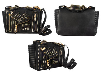 Isolated photo of black leather rocker jacket purse on white background.