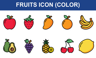 Fruits Icon Set Collection. Containing Apple, Strawberry, Mango, Orange, Banana, Avocado, Grape, Pineapple, cherry Lemon. Simple Color Vector Illustration.