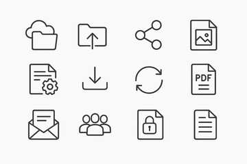 Set of file management icons: upload, download, share, pdf, security, synchronization