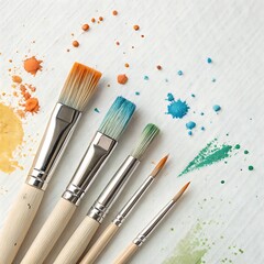 Fototapeta premium Art Paint brushes with colorful splatter on white canvas