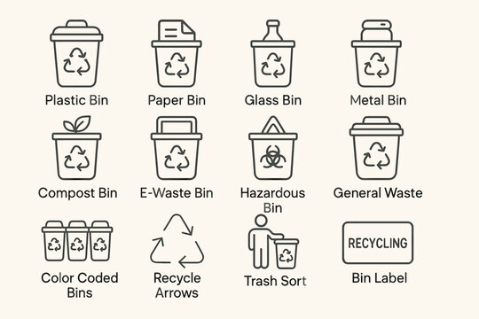 Recycling bin types with symbols for effective waste management