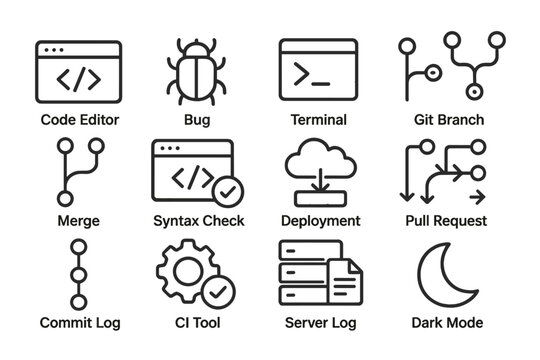 Software development icons: code editor, bug, terminal, git branch, merge