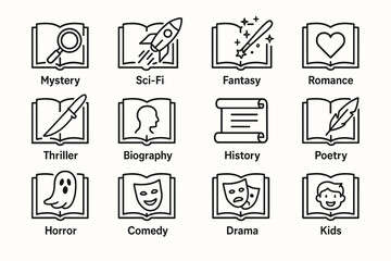 Icons representing mystery, sci-fi, fantasy, romance, and more genres